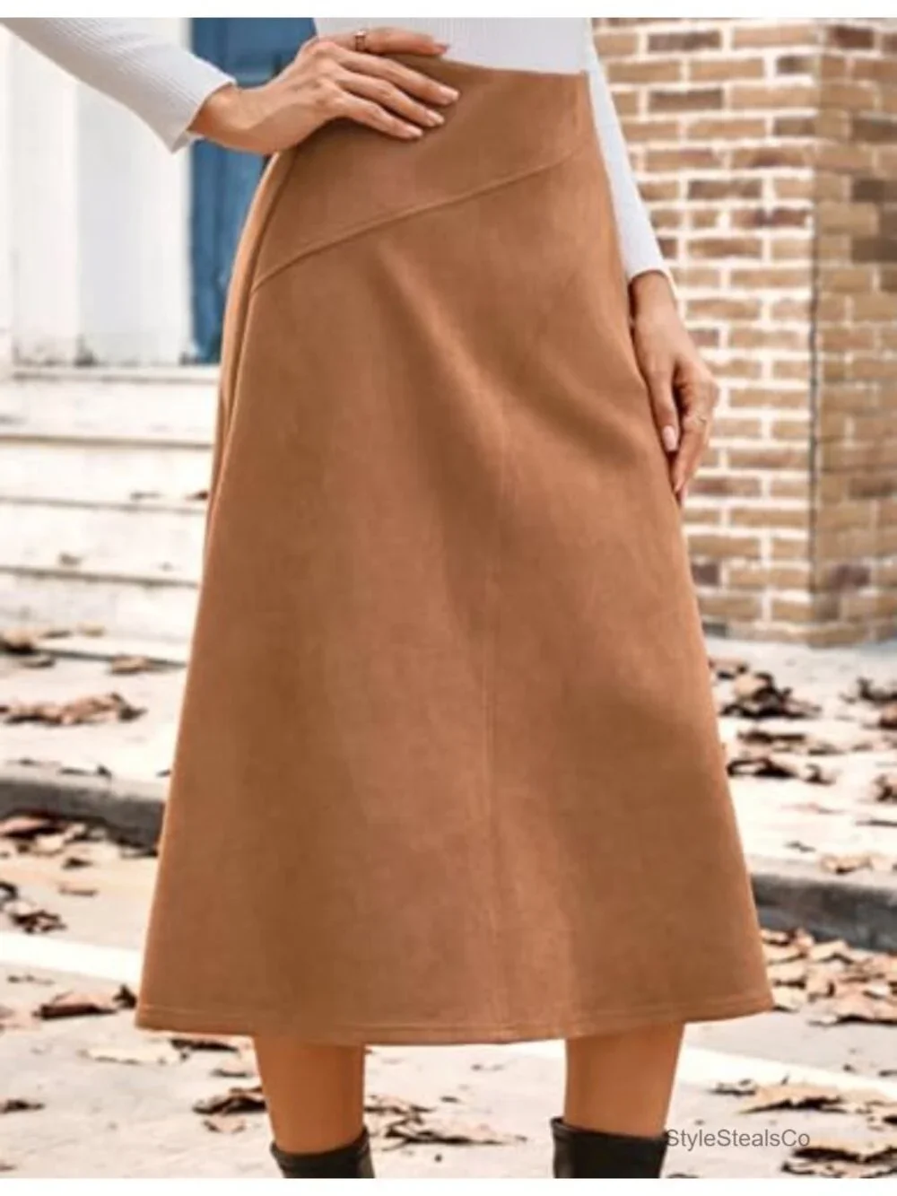 Faux Suede High Waist A-Line Midi Skirt with Elastic Waist and Hidden Zip